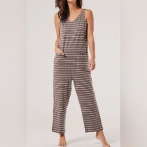 PACT Organic Cotton Romper/Jumpsuit Gray Blush Stripe 70’s Style Playsuit Med